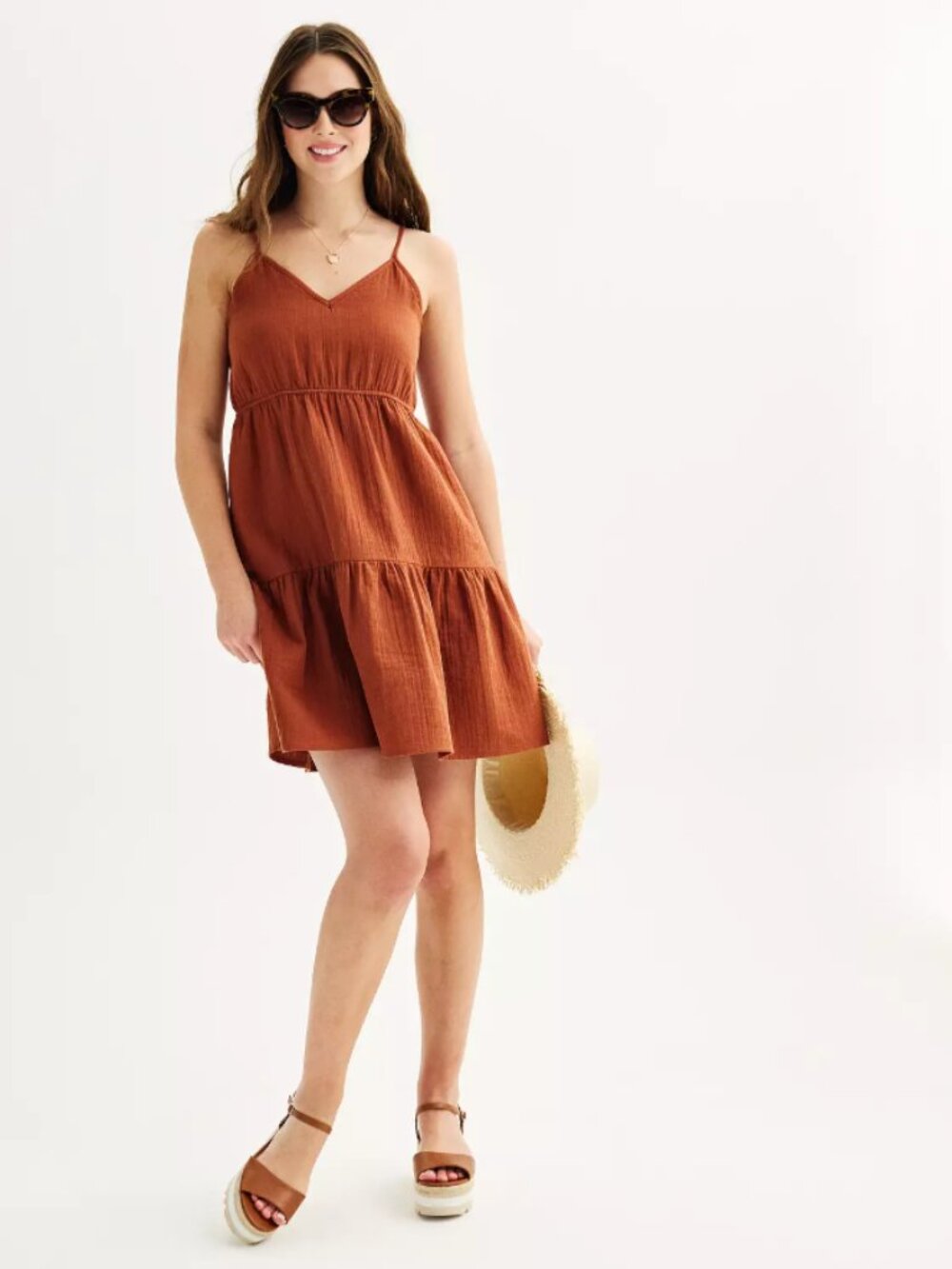 SO Goods For Life Tiered Cami Mini Dress Women's Small Brown V-Neck Sleeveless